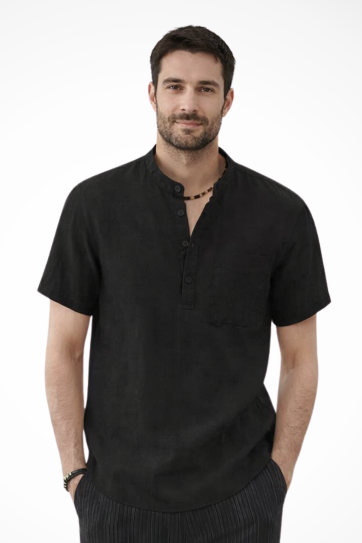 Black men's short sleeve band collar shirt. Versatile for smart casual or relaxed everyday style.