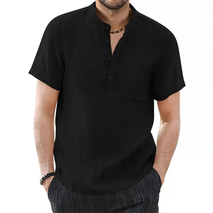 Green men's summer shirt with a band collar and short sleeves. Relaxed fit, perfect for warm days.