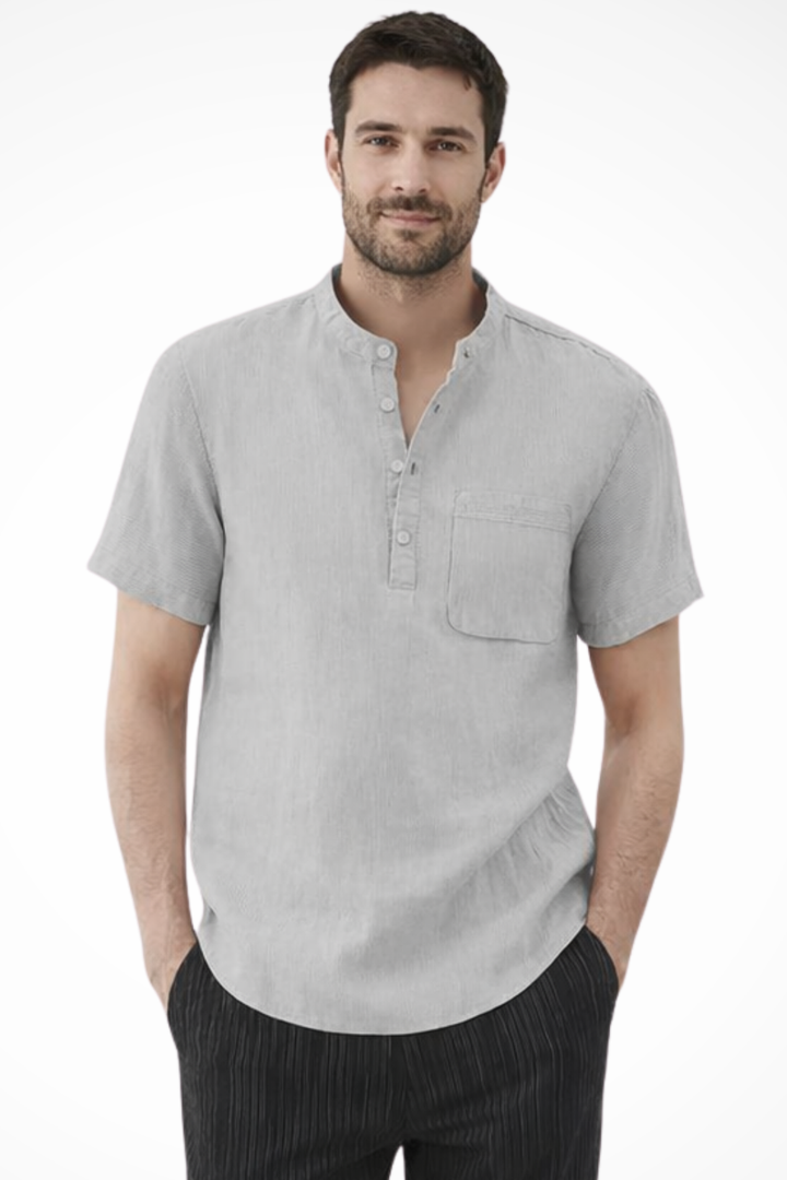 Breathable short sleeve band collar shirt for men. Modern, casual & comfortable for summer fashion.