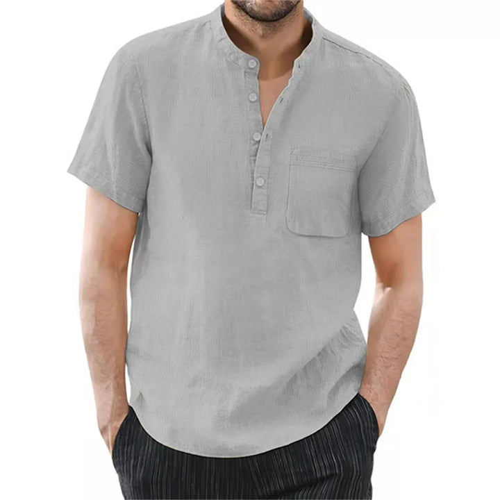 Men's band collar short sleeve button-down shirt. Modern design for smart casual and everyday wear.