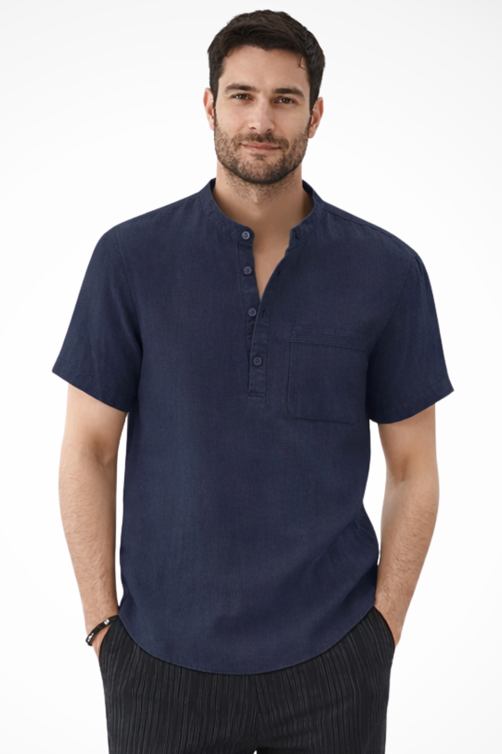 Lightweight men's short sleeve shirt with a contemporary band collar. Perfect for summer events.