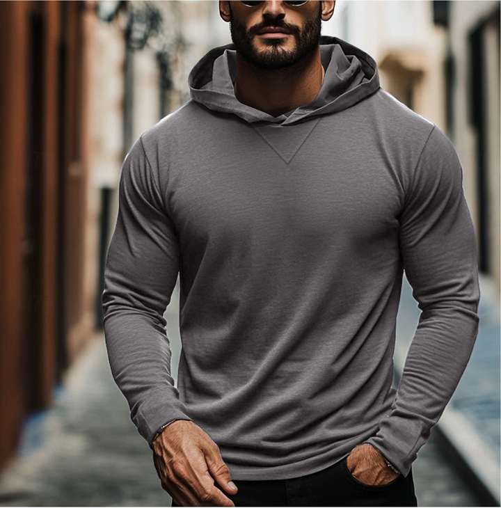 Comfortable men's pullover hoodie, modern fit with v-notch detail. Great for loungewear, athletic, or casual everyday wear.