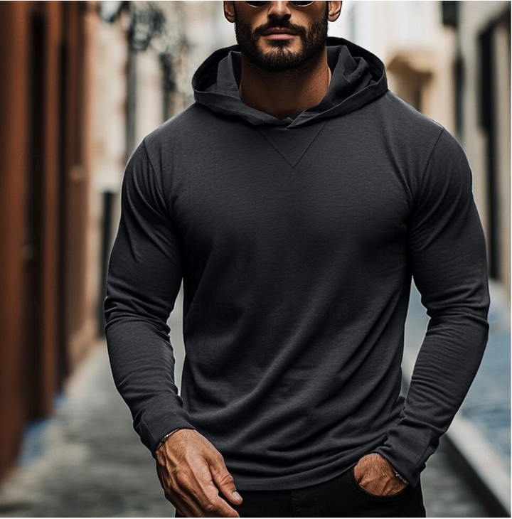 Soft men's long sleeve pullover hoodie, modern fit, v-notch neckline. Perfect casual loungewear or athletic layering.
