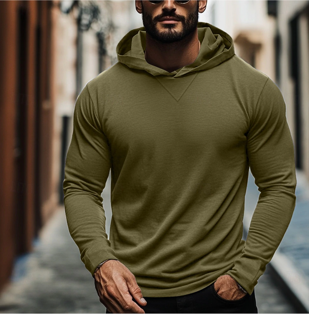 Versatile men's modern fit long sleeve pullover hoodie with v-notch. Ideal for casual, loungewear, or athletic comfort.