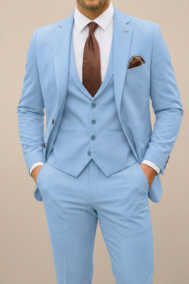 Light blue men's modern three-piece suit, tailored slim fit for spring formal events & fashion.