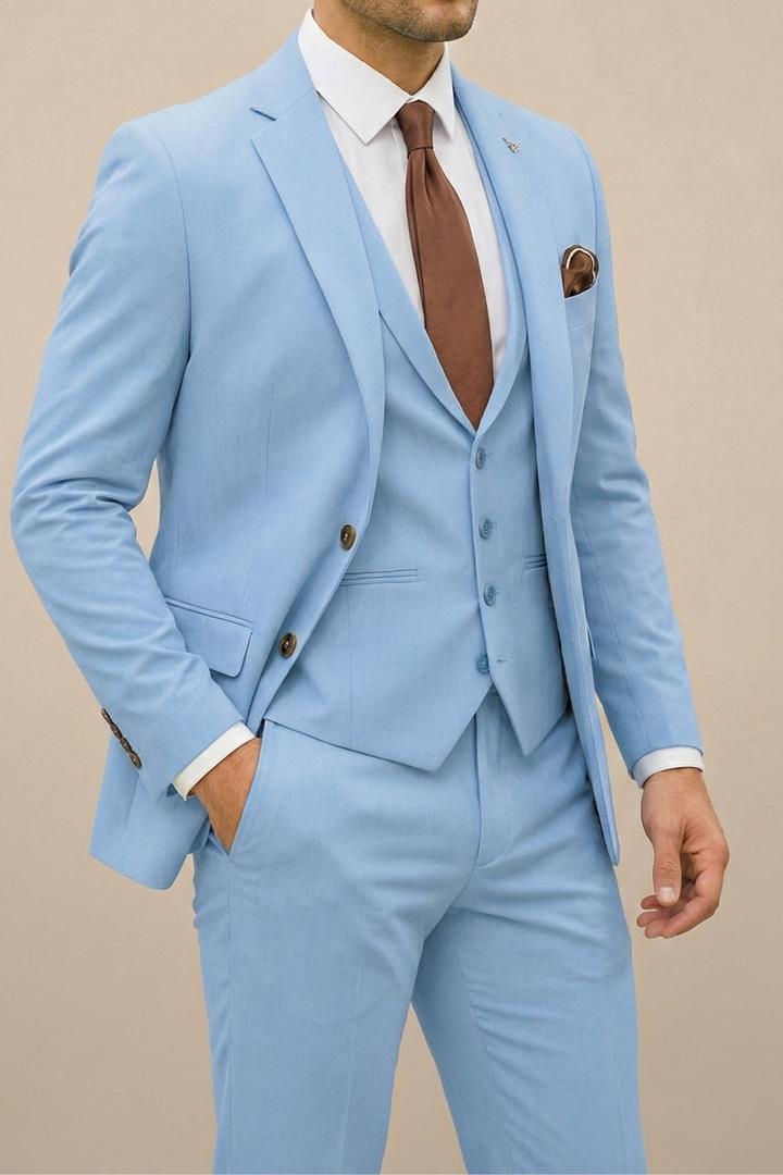 Teal blue men's three-piece suit for spring, a modern slim fit choice for wedding & business.