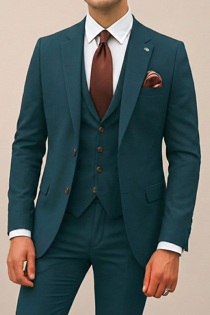 Stylish men's tailored three-piece suit in a modern slim fit, great for spring weddings & business.
