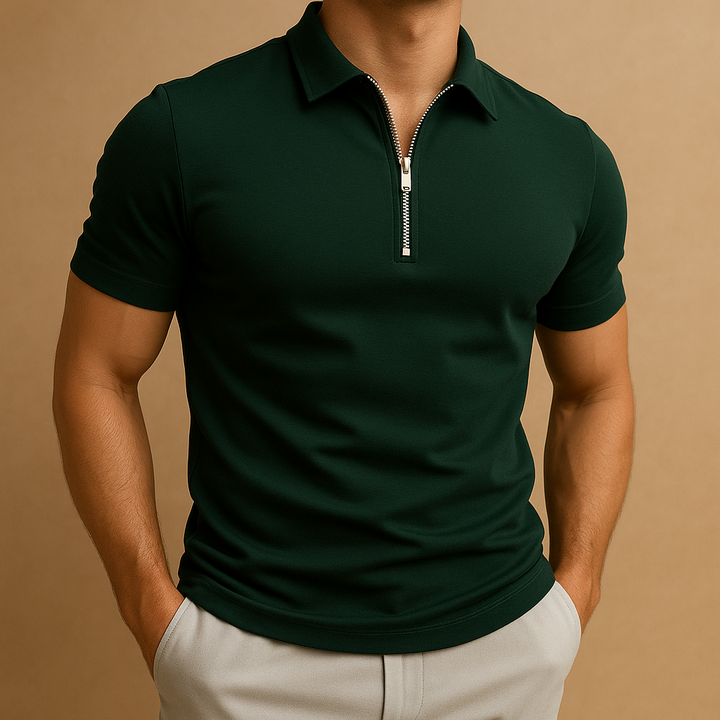 Stylish men's zip-front polo shirt, slim fit. Modern collared design for smart casual fashion.