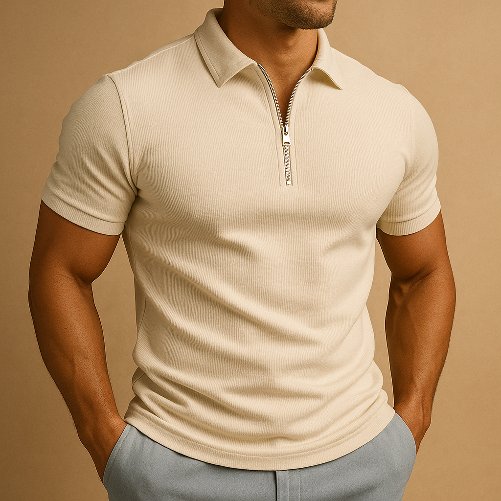Men's fashion slim fit zip polo shirt, short sleeve. Modern and sophisticated collared design.