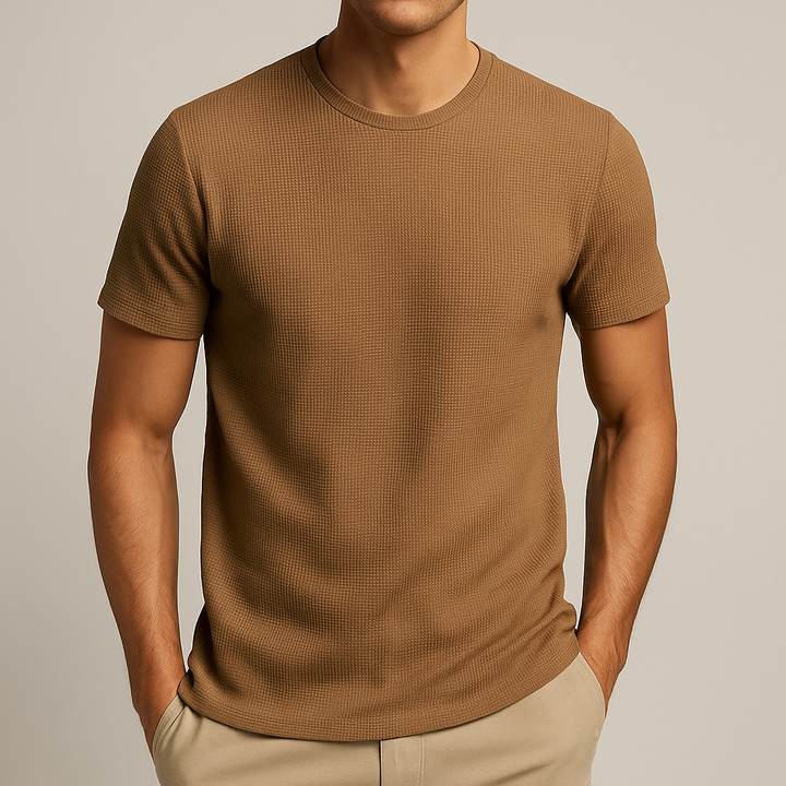 Men's modern waffle crew neck t-shirt in a relaxed fit, perfect for casual summer wear. Short sleeve, comfortable everyday style.