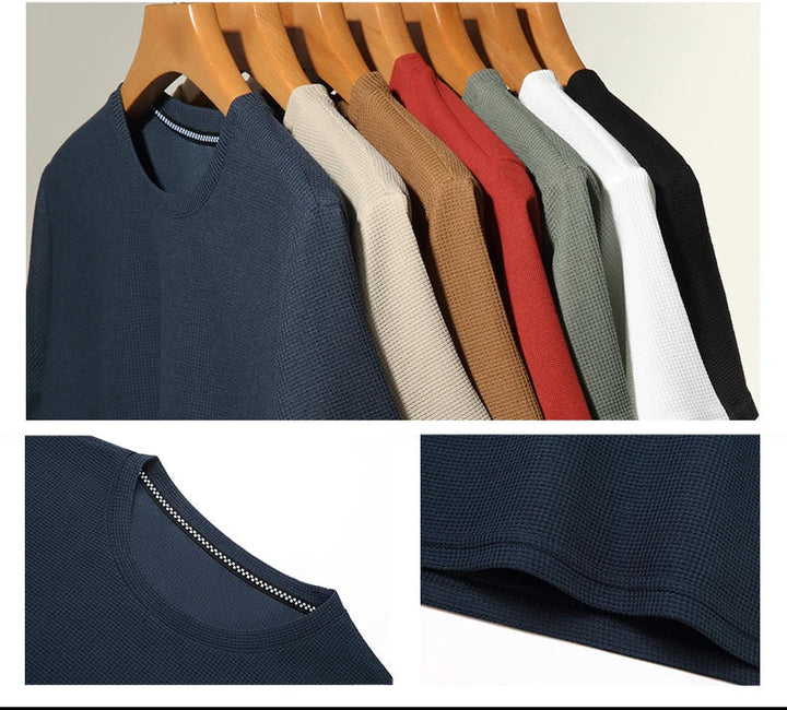 Stylish men's modern waffle crew neck t-shirt, short sleeve. Relaxed fit, comfortable for summer and everyday men's fashion.