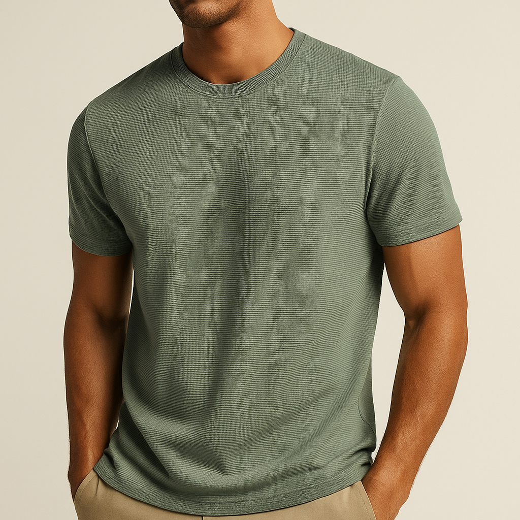 Men's short sleeve waffle crew neck t-shirt, perfect for comfortable summer wear. Relaxed fit, modern casual everyday style.