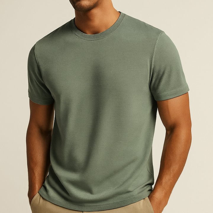 Men's short sleeve waffle crew neck t-shirt, perfect for comfortable summer wear. Relaxed fit, modern casual everyday style.