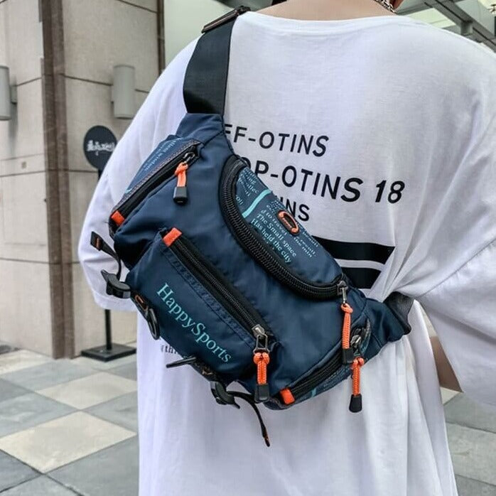 Stylish men's multi-way sling bag, water-resistant for travel. Crossbody, waist pack for outdoor utility. Nylon.