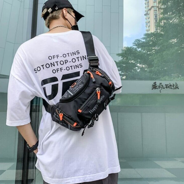 Functional men's water-resistant sling bag, multi-way for travel. Versatile crossbody or waist pack. Outdoor nylon.