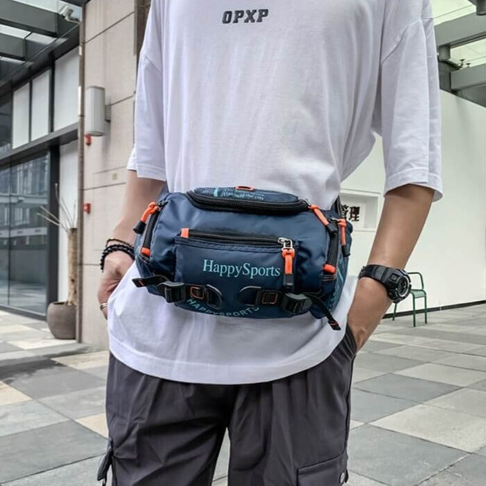 Men's water-resistant sling bag with multiple pockets. Multi-way travel & outdoor utility, crossbody/waist pack.