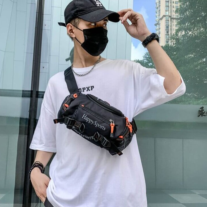 Everyday men's multi-way sling bag, water-resistant for daily use & travel. Crossbody/waist utility. Nylon.