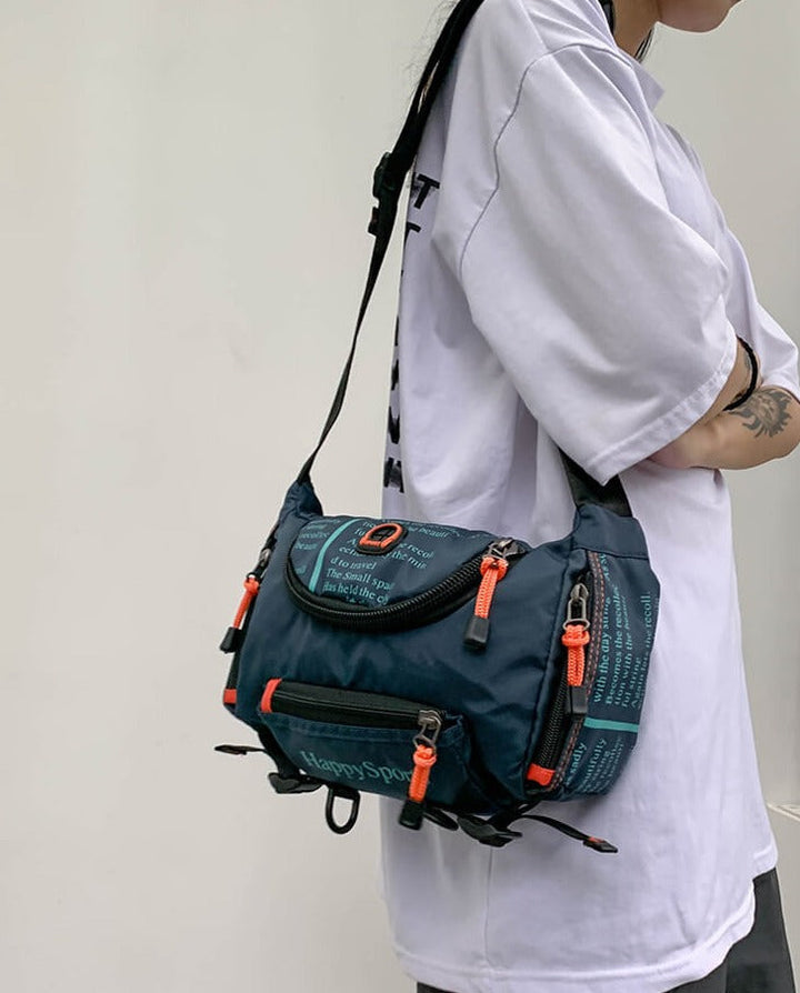 Compact travel sling bag for men, water-resistant nylon. Multi-way, worn as waist or crossbody pack. Outdoor ready.