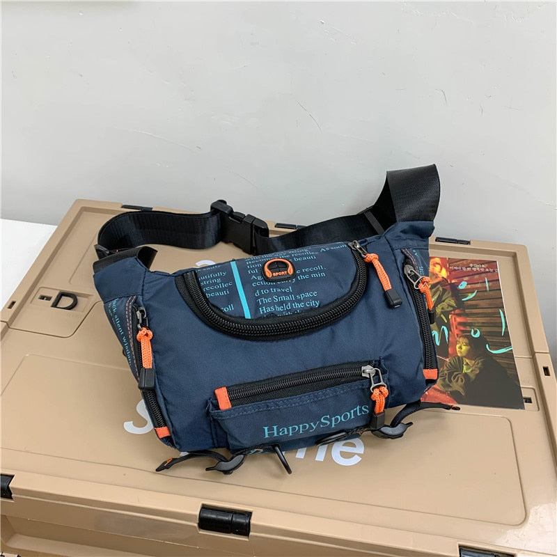 Men's water-resistant waist bag, convertible to sling/crossbody. Ideal for outdoor and travel utility. Durable nylon.