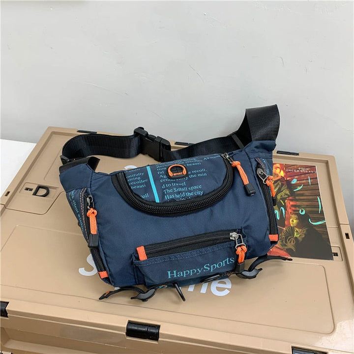 Men's water-resistant waist bag, convertible to sling/crossbody. Ideal for outdoor and travel utility. Durable nylon.