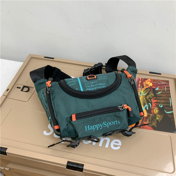 Utility sling bag for men, water-resistant nylon. Multi-way travel & outdoor pack, crossbody or waist style.