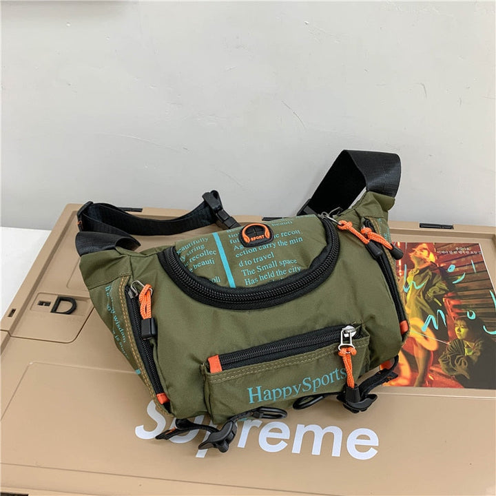 Outdoor water-resistant sling bag for men, versatile travel pack. Multi-way: crossbody, waist bag. Durable nylon.