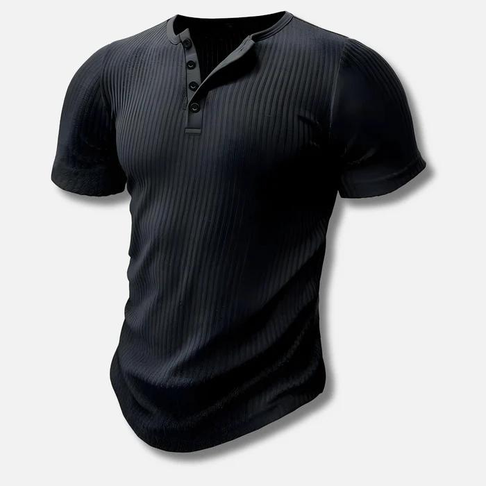 Athletic fit men's ribbed Henley t-shirt. Short sleeve, muscle-hugging design for a stylish look.