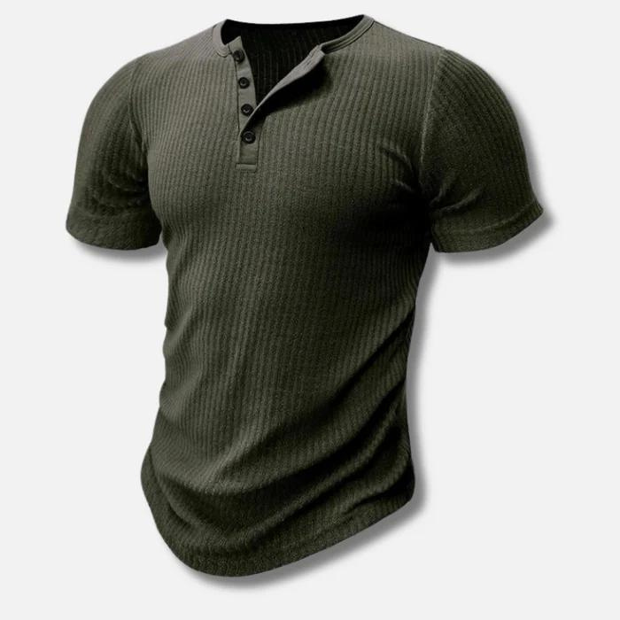 Comfortable men's muscle fit henley tee with ribbed texture. Perfect short sleeve for everyday & summer fashion.