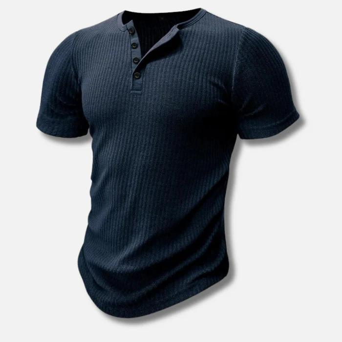 Dynamic men's muscle fit ribbed Henley t-shirt. Ideal for a sleek, athletic casual summer fashion statement.
