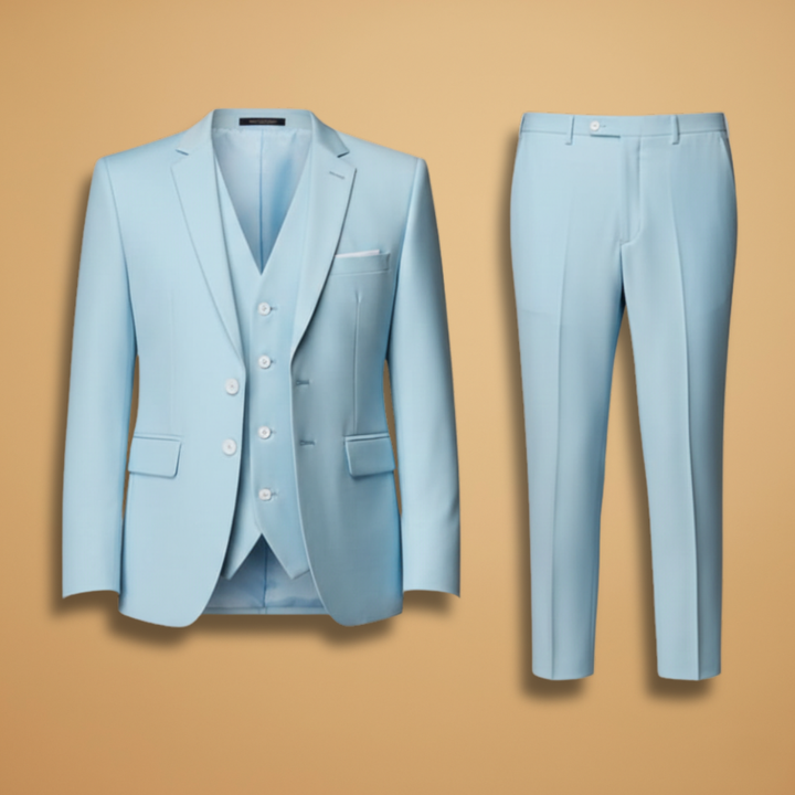 Men's navy slim fit 3-piece suit, perfect for weddings, business, and formal events. Modern elegant men's formalwear.