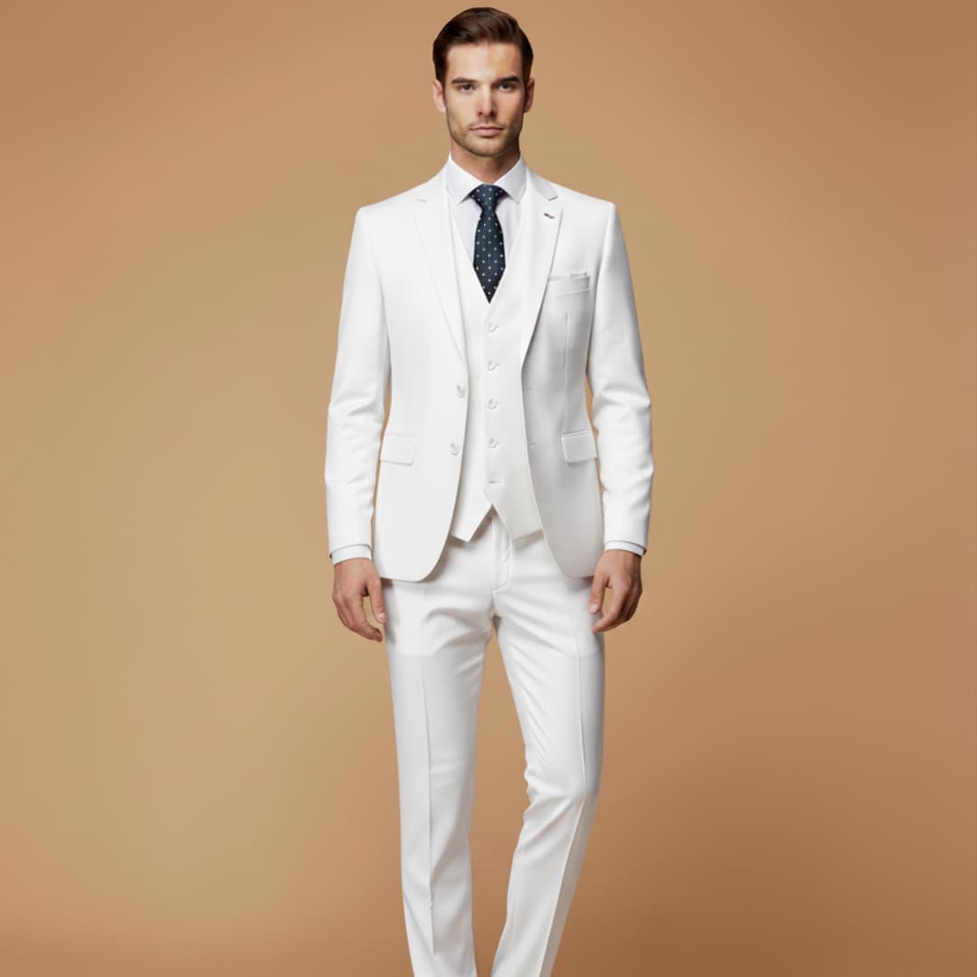 Modern men's slim fit 3-piece suit, offering a sharp, contemporary look for formal business & wedding wear.