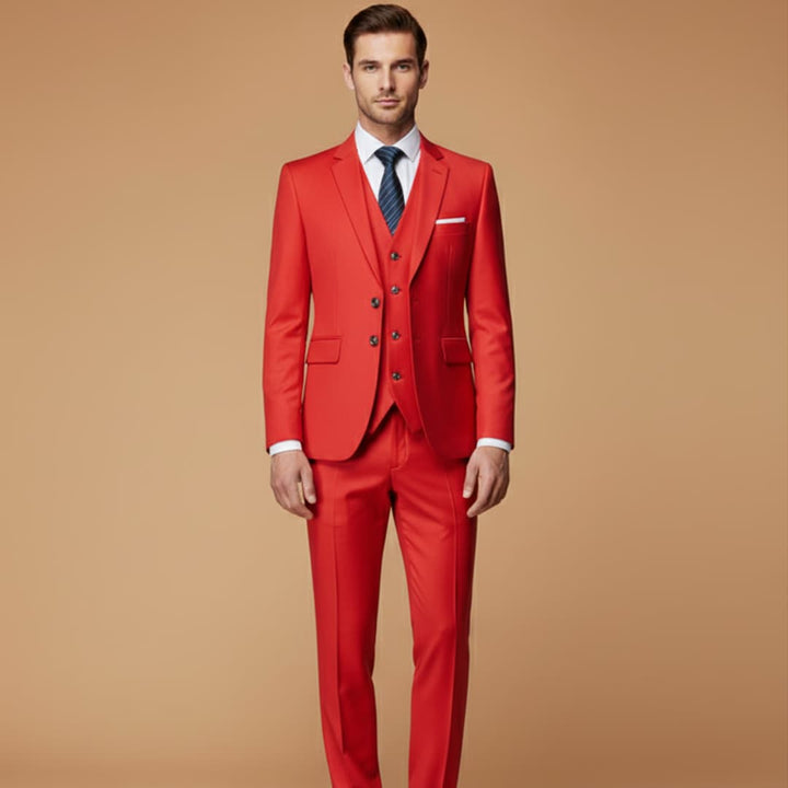 Detail of the refined lapel on a men's slim fit 3-piece suit jacket, elegant formal business attire.