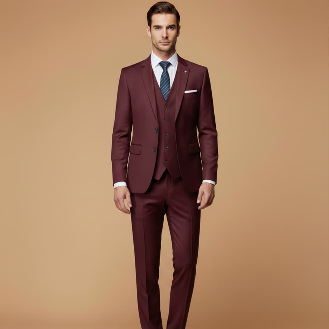 Full-length view of a tailored men's slim fit 3-piece suit, ideal for wedding or formal business events.