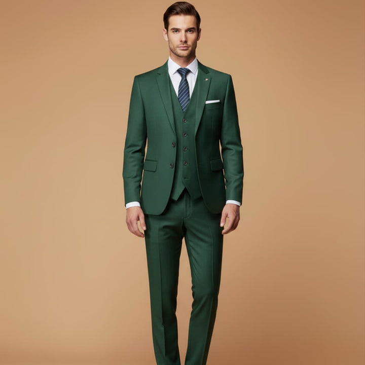 Men's slim fit 3-piece formal suit paired with a tie & pocket square, ready for business or wedding.