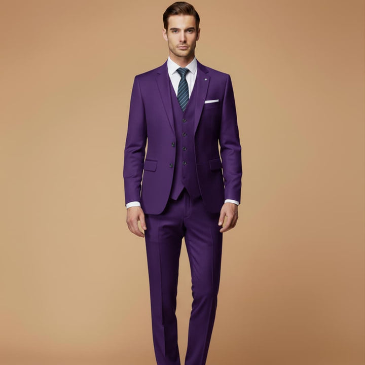 Comfortable, tailored slim fit men's 3-piece suit, designed for elegant movement at any formal event.