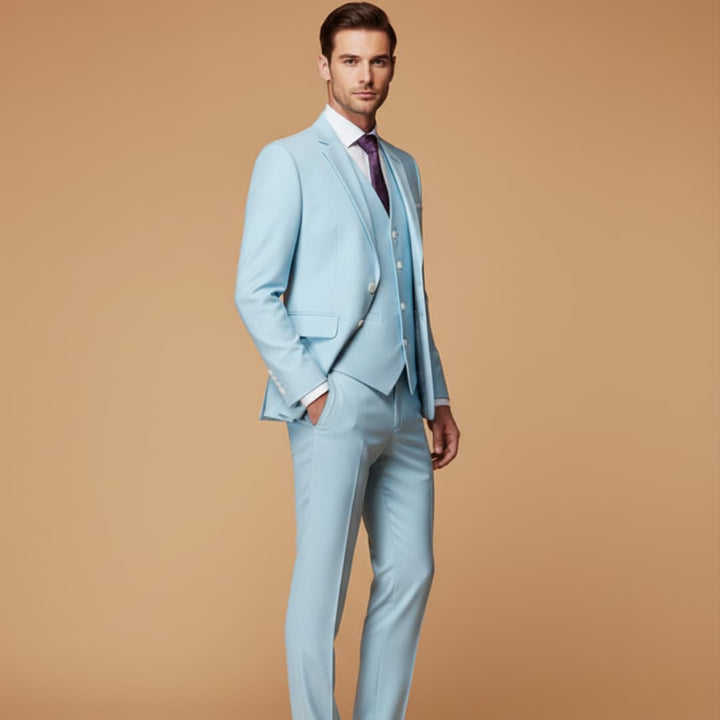 Stylish men's 3-piece slim fit suit in sophisticated gray, ideal for formal business attire & wedding events.