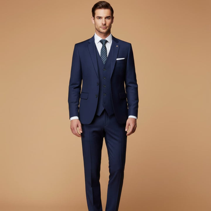 Man wearing a sharp black slim fit 3-piece suit, perfect for a wedding, formal business or special occasion.