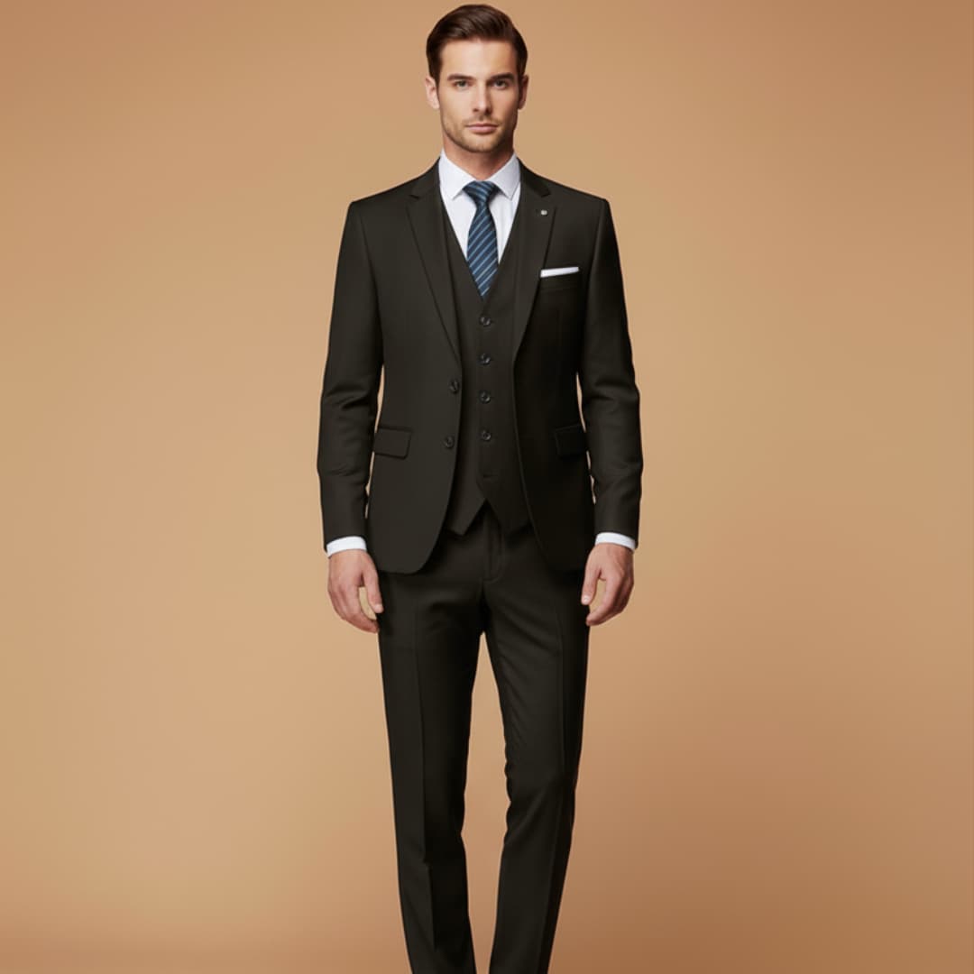 Back view of a sleek men's navy slim fit 3-piece suit, modern formal wear for elegant special occasions.