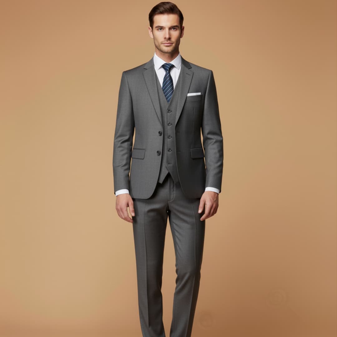 Complete men's slim fit 3-piece suit set with jacket, vest, and trousers for formal business & weddings.