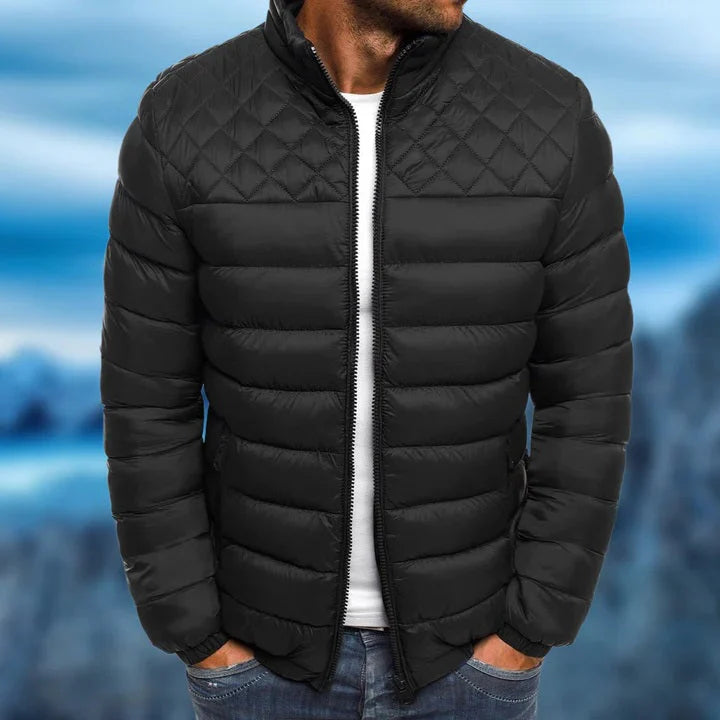 Close-up of a men's warm winter puffer jacket. Features windproof, water-repellent fabric & insulation for cold weather.