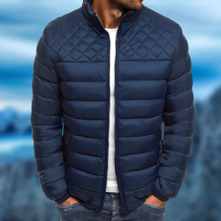 Full-body view: stylish men's puffer jacket. A new, warm winter coat, insulated for cold weather, windproof & water-repellent.