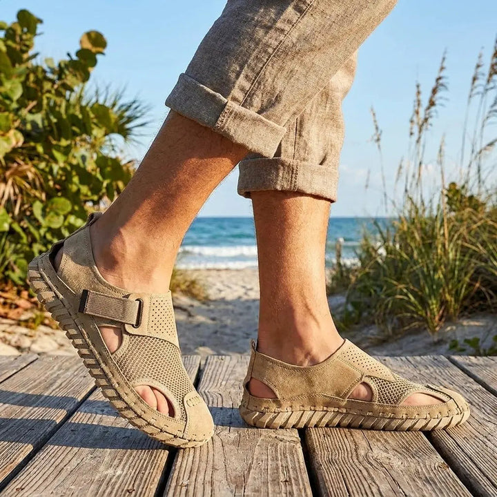 Comfortable men's closed-toe fisherman sandals with arch support, breathable for summer walks & casual wear.