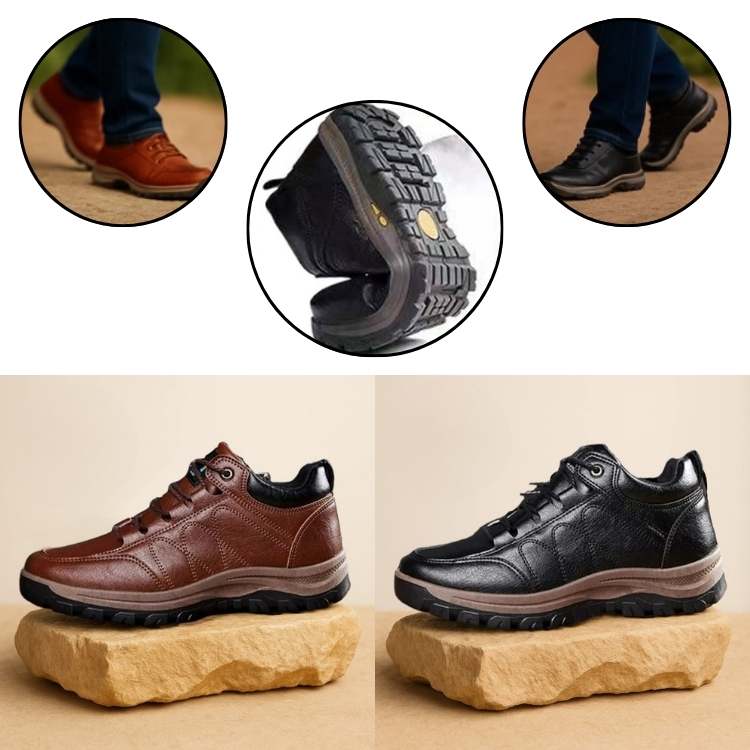 Front view of men's orthopedic comfort footwear, ideal for walking & hiking, providing all-day foot support.