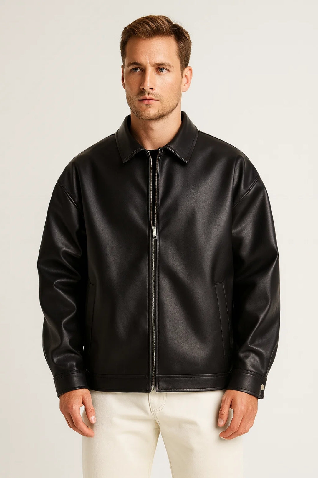 Men's oversized black biker jacket, classic collar. Streetwear style, zip closure, urban fashion outerwear.