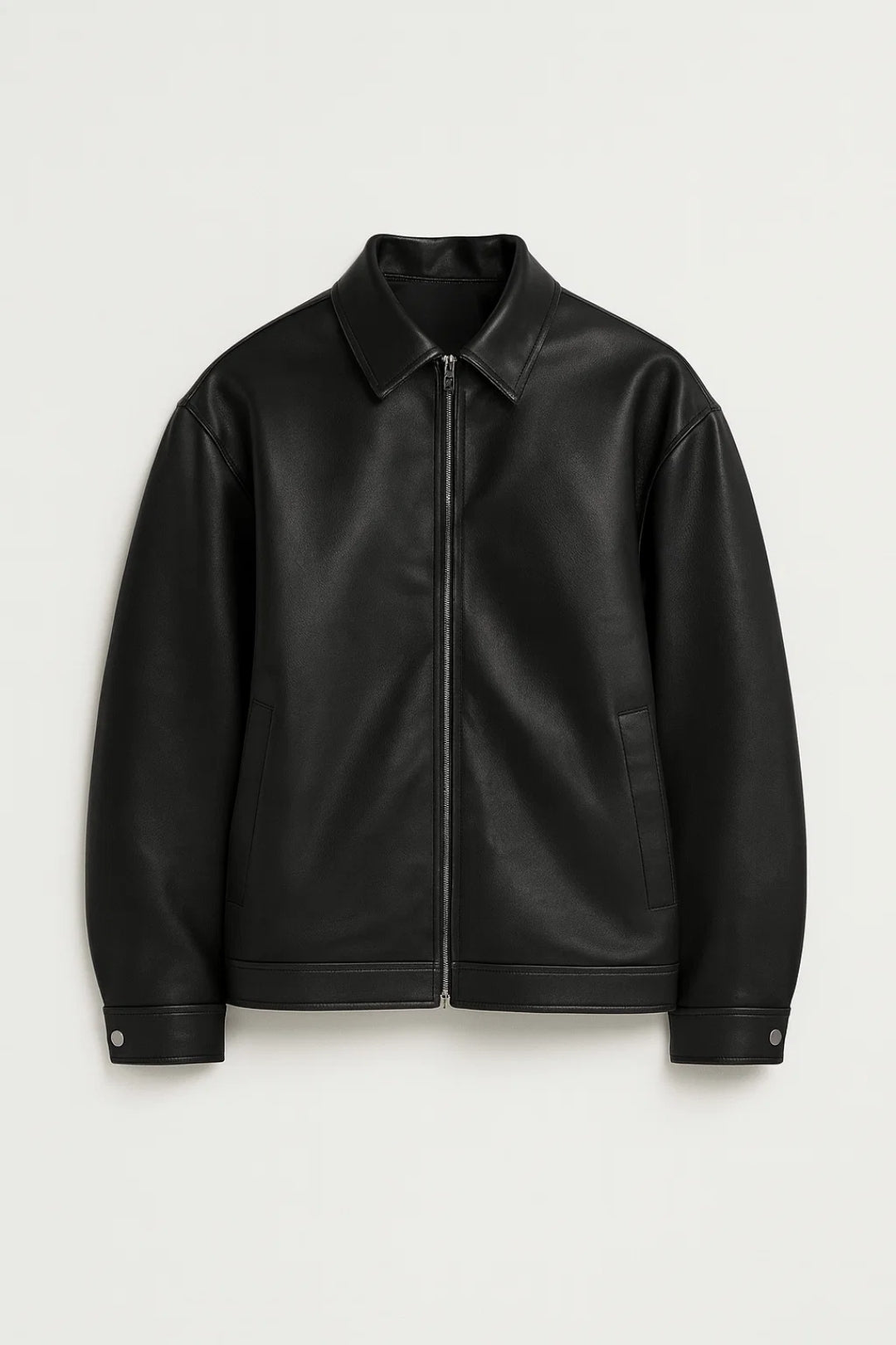 Casual men's oversized streetwear jacket with a classic collar. Black biker-style outerwear, zip detail.
