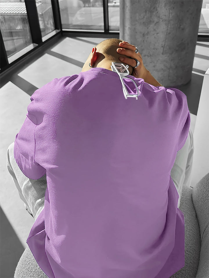 Purple oversized crew neck tee with a rose graphic design, offering a comfortable short sleeve fit.