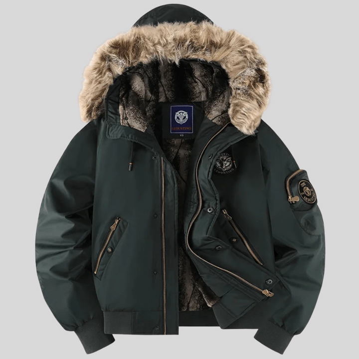 Men's padded bomber jacket with a cozy faux-fur hood, perfect for winter warmth and casual style.