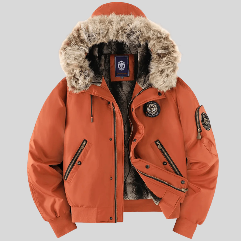 Stylish dark green men's padded bomber jacket featuring a warm faux-fur hood for cold weather outerwear.