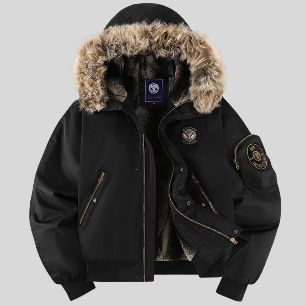 Orange men's padded bomber jacket with a soft faux-fur hood, a trendy and warm choice for winter.