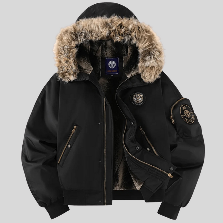 Orange men's padded bomber jacket with a soft faux-fur hood, a trendy and warm choice for winter.